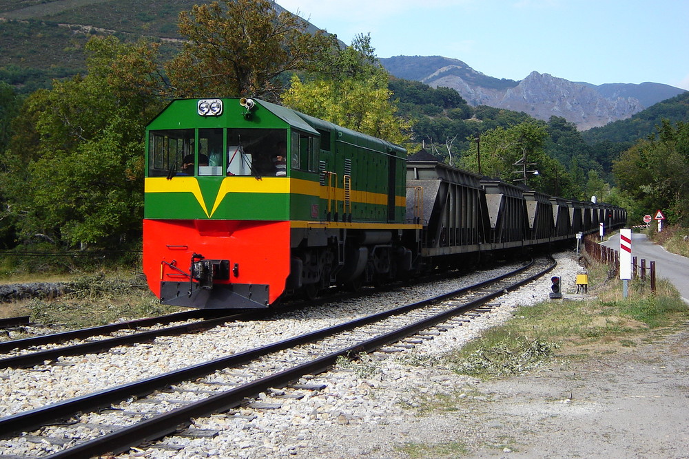 Ponferrada - Villablino railway train at Palacios del Sil. Northern Spain.