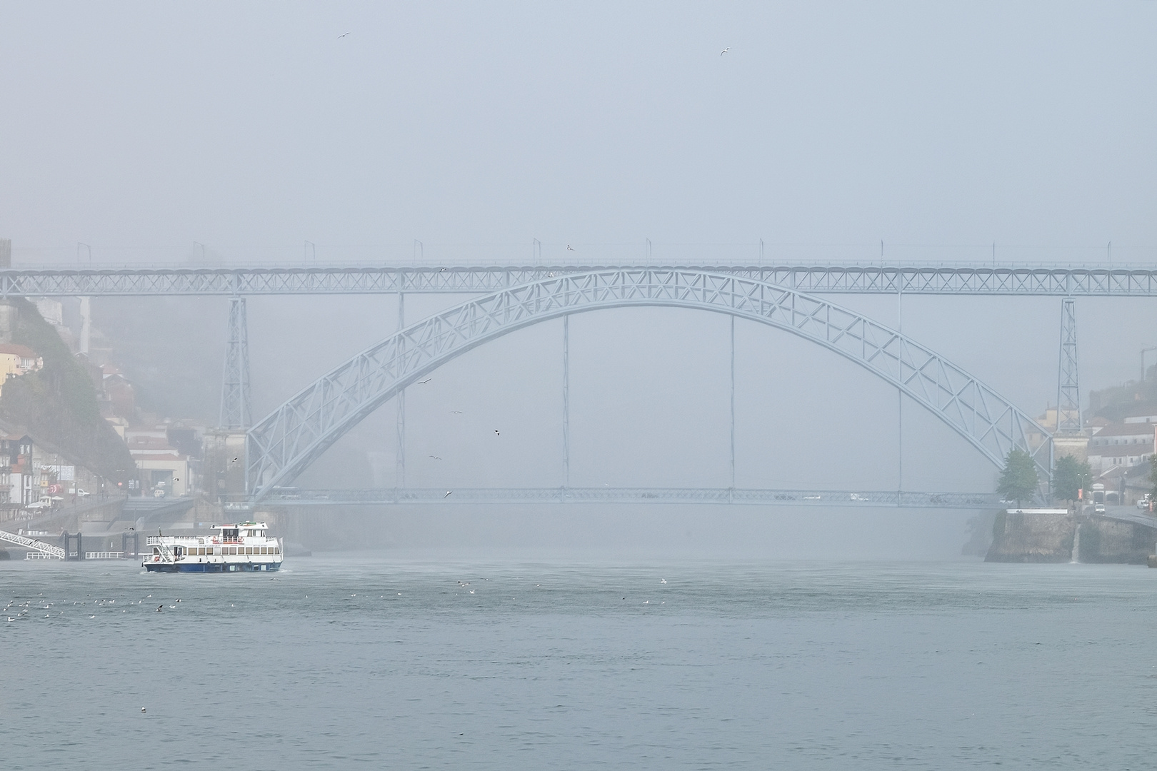 Ponte Dom Luis I in Porto im Früh-Nebel