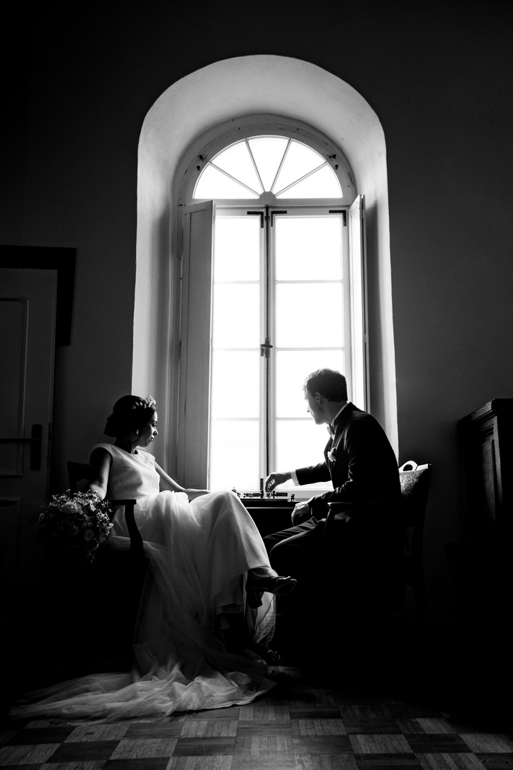 Portrait des Brautpaares bei einer Hochzeit auf Schloss Schöneck bei Koblenz