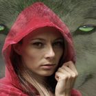 Portrait du petit chaperon rouge avec le loup en fond...