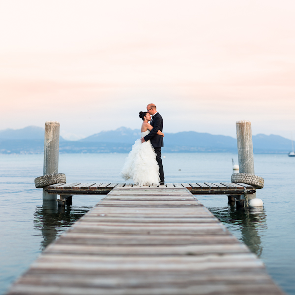 Portrait of the newlyweds when sun goes down..