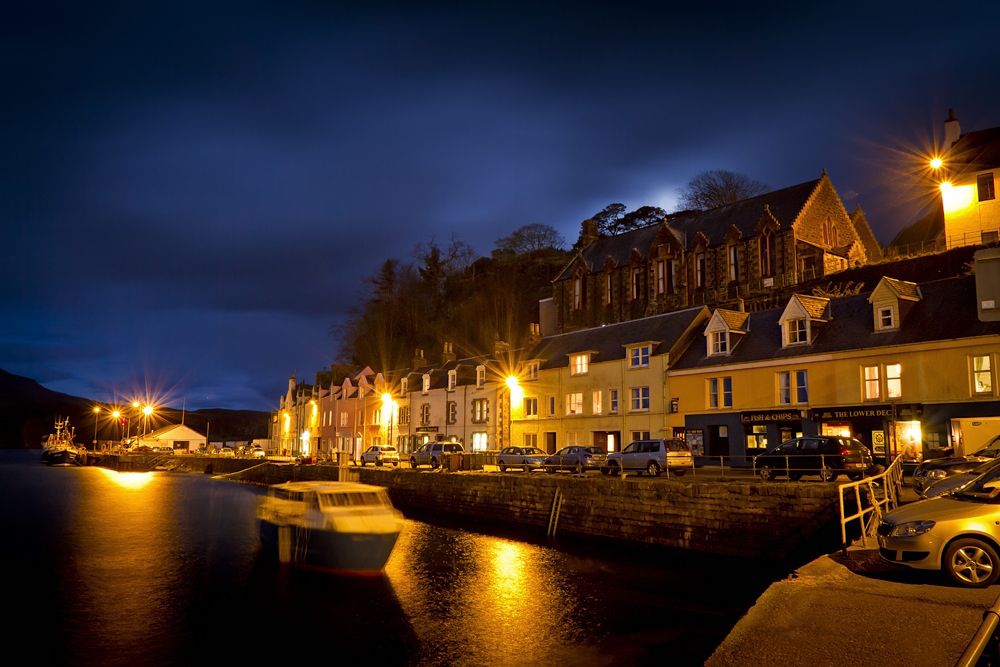 Portree Harbour at night