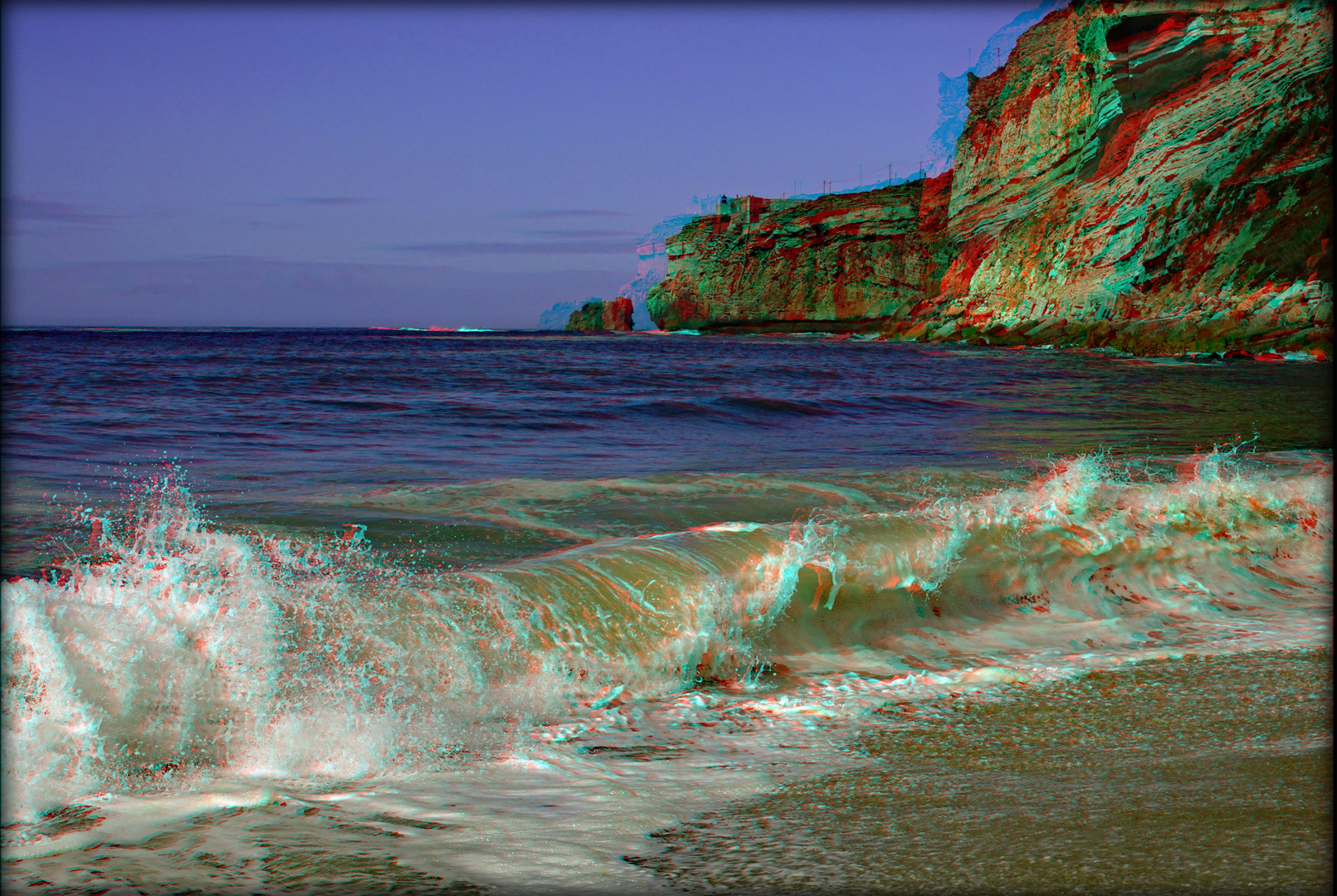 Portugal Nazaré Strand Welle Fels (3D-Ana)