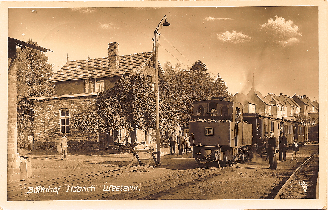 Postkarte von 1949, Bahnhof Asbach. 