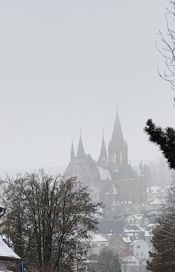 pretty church in the fog - it's cold 