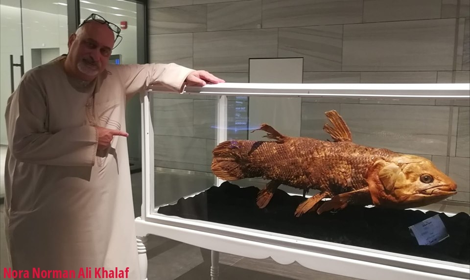 Prof. Dr. Norman Ali Khalaf-von Jaffa standing beside the Comoran Coelacanth in Kuwait