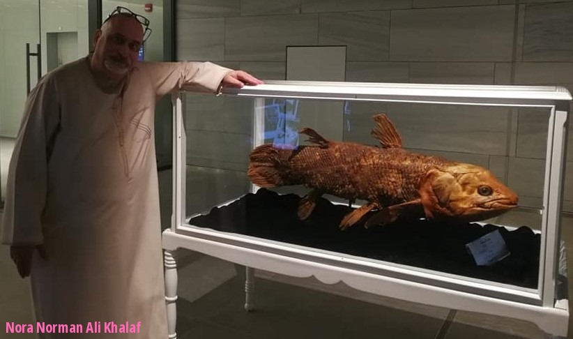 Prof. Dr.  Norman Khalaf standing beside the Comoran Coelacanth in Kuwait 