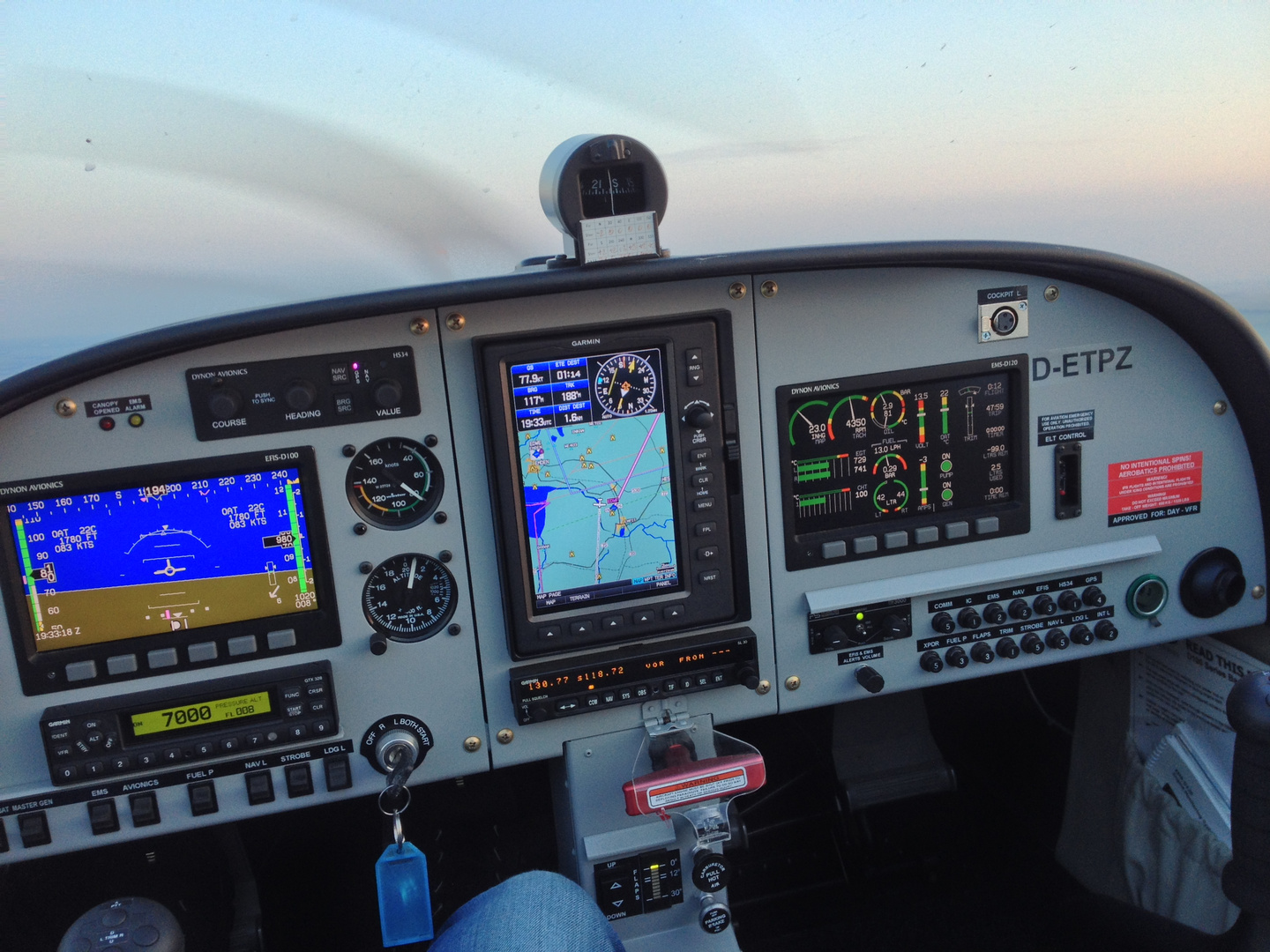PS-28 Cockpit in flight by sunset