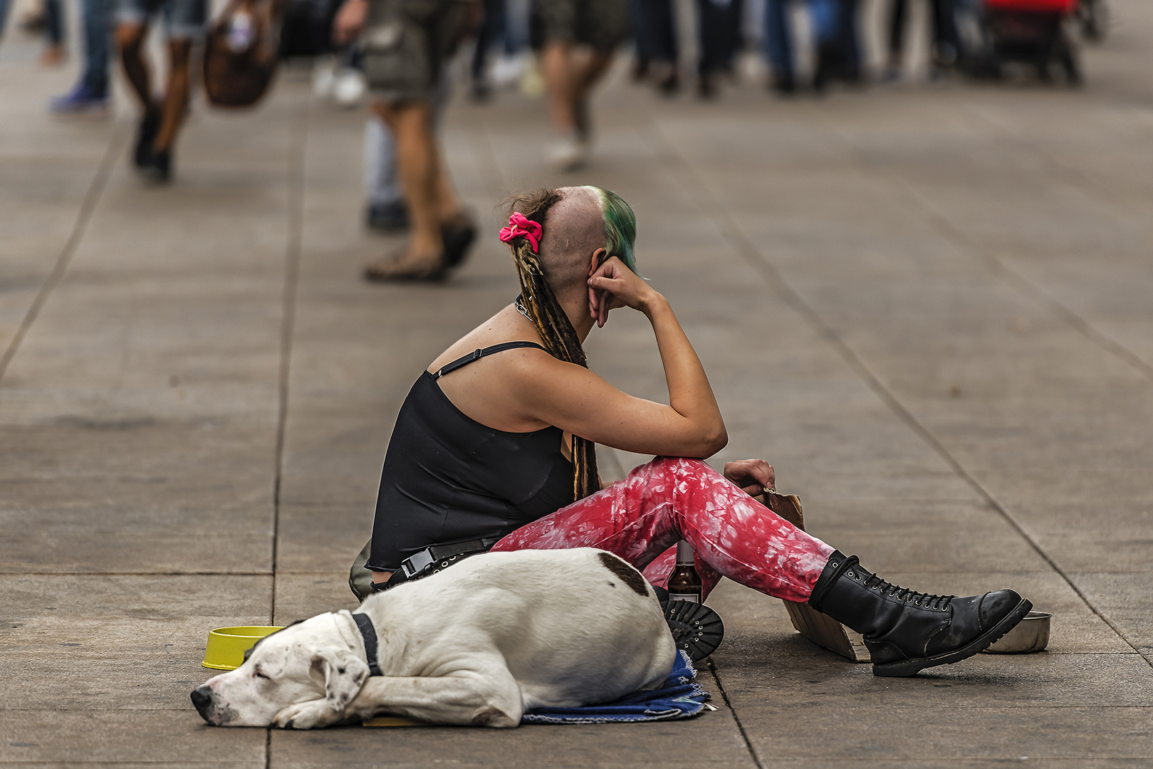 Punk girl with sleeping dog