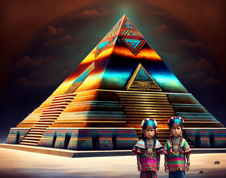 Pyramide mit Azteken-Kindern, 2 KI Bilder