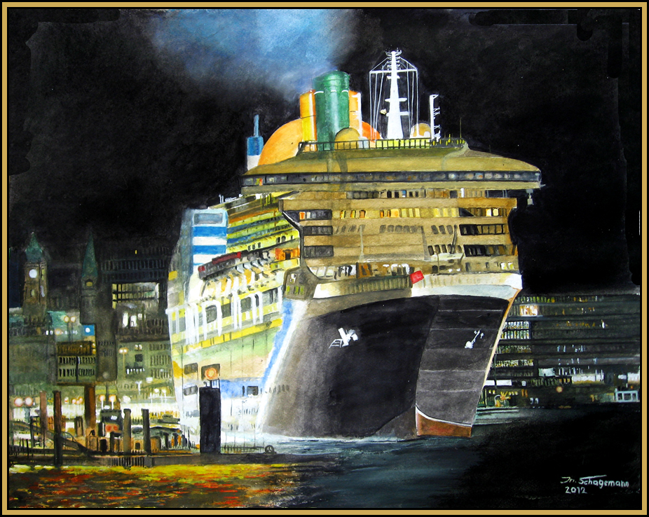 ,,Queen mary 2 "bei Nacht im Hamburger Hafen