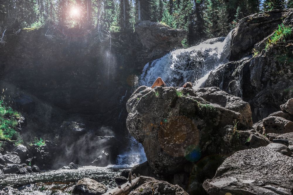 Radlpause bei den Moose Falls, Wyoming 