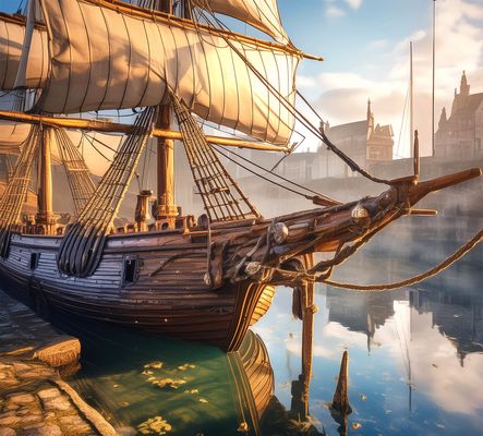 Rahsegler im mittelalterlichen Hafen (KI)