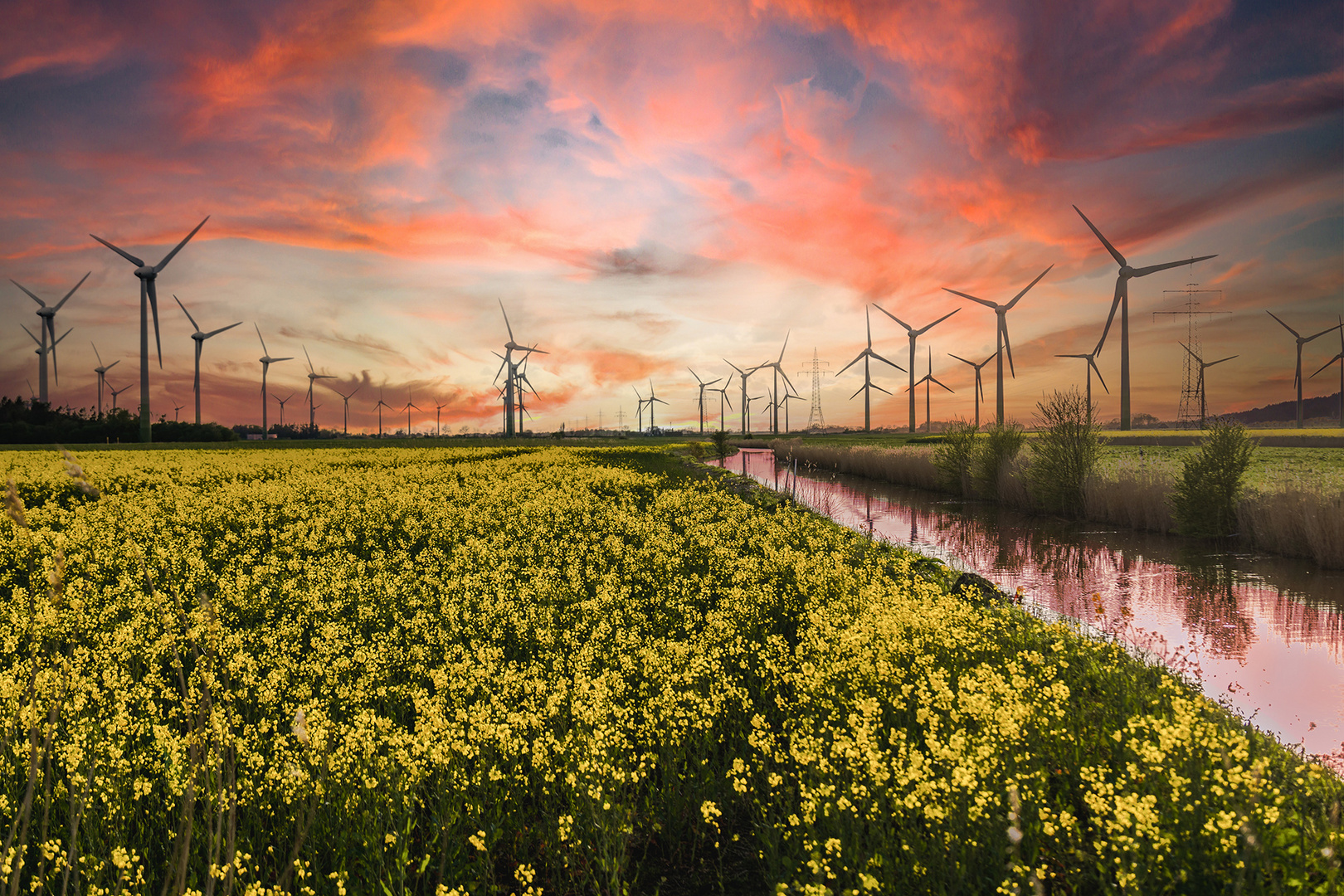 Raps, Abendhimmel und Windräder