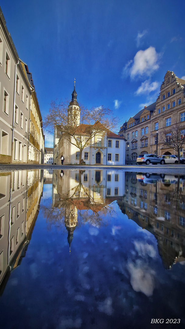 Rathaus Gera im März-Pfützenspiegel 