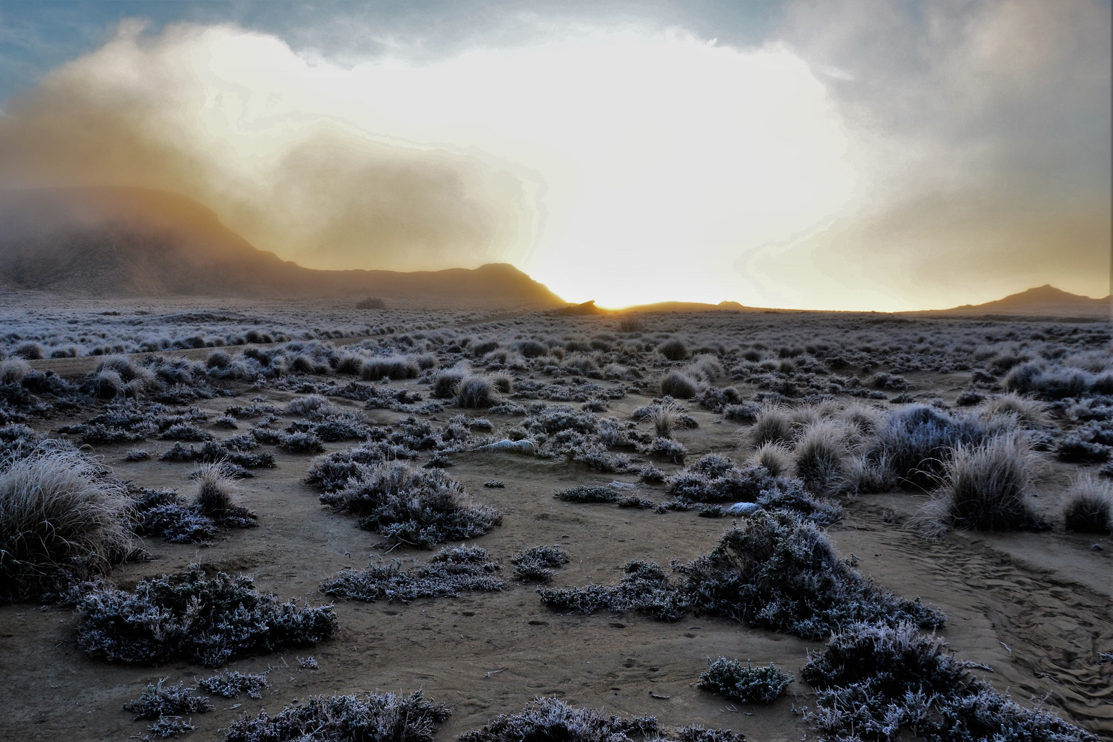 Rauhreif in den Bardenas Reales