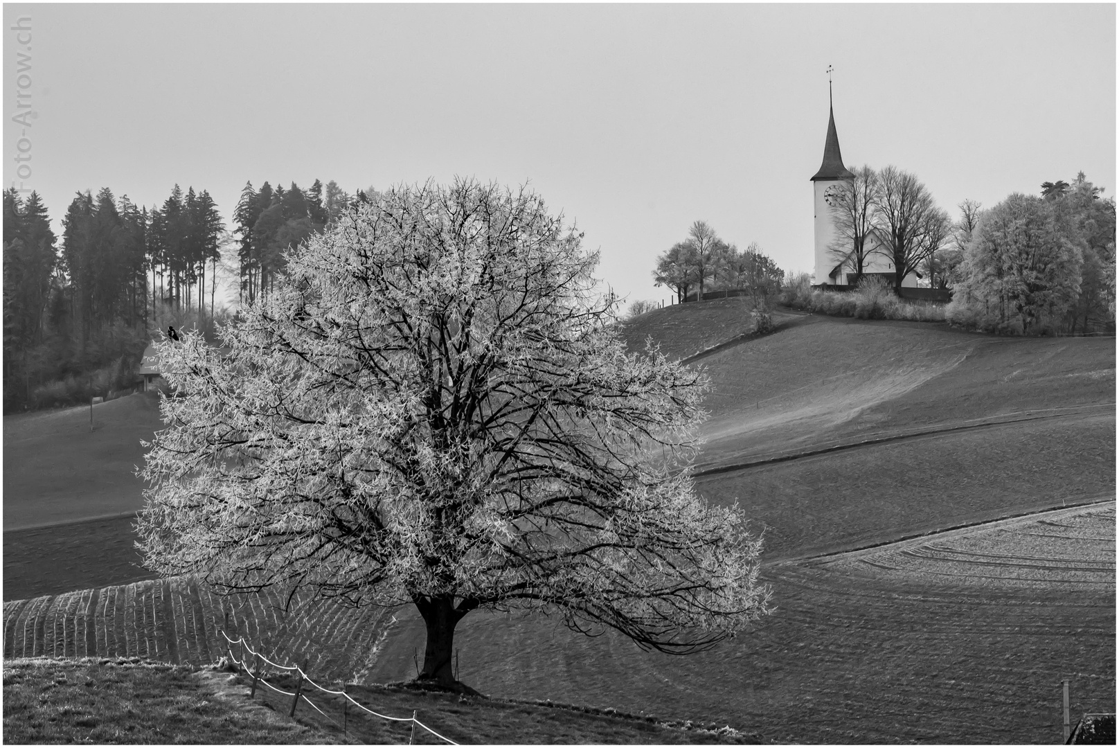 Rauhreif mit Kirche