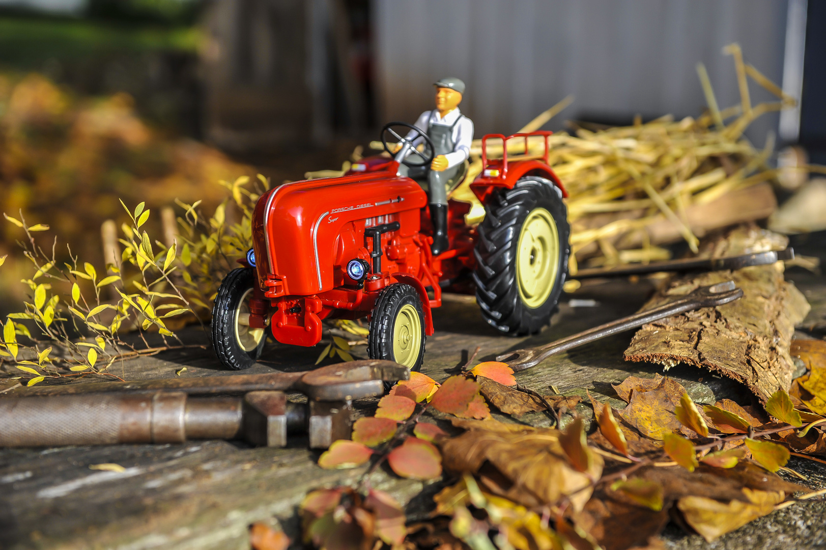 RC Porsche Traktor in herbstlichem Umfeld