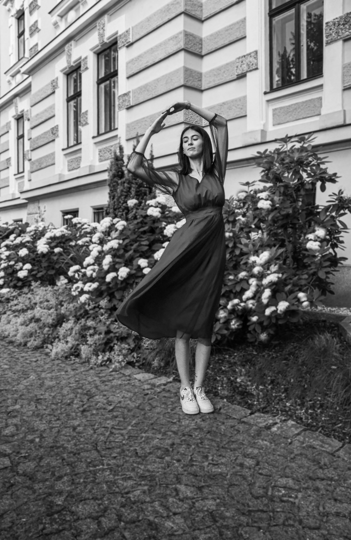 Red dress in black and white 