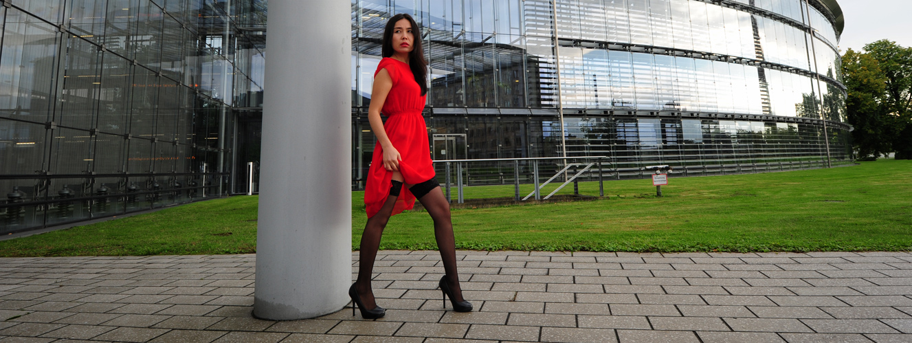 red grass green dress