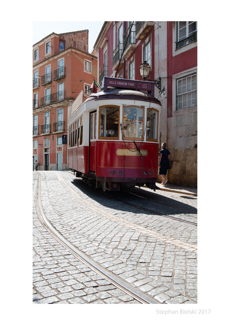 red street car in Lisboa