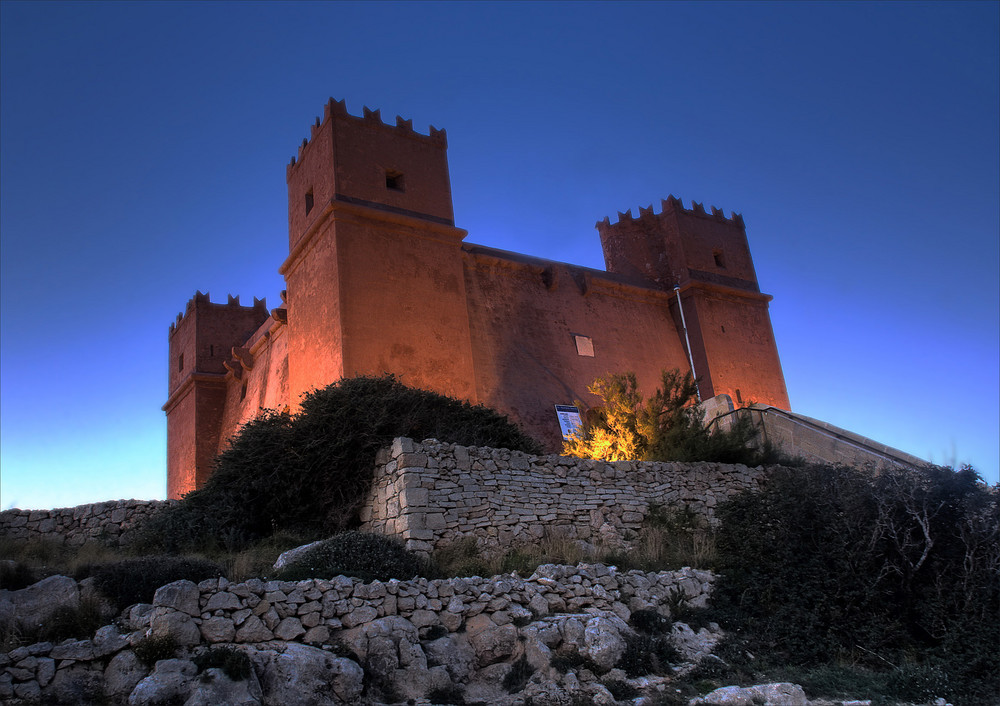 Red tower at blue hour