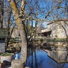 Reflets sur la mare d'une ferme en hiver