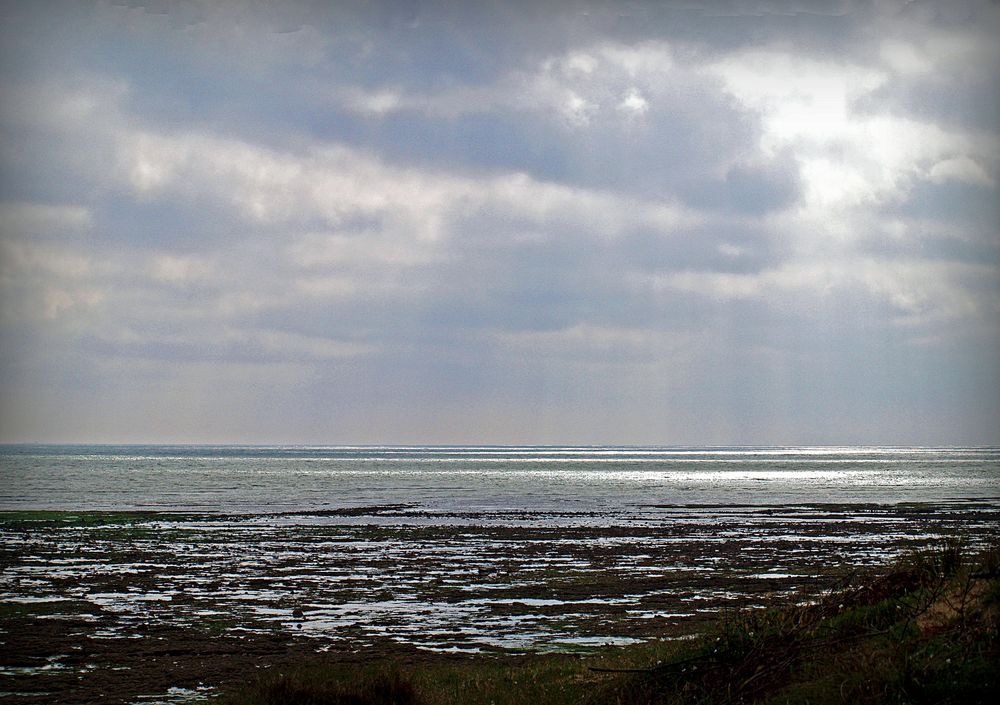 Reflets sur l’océan à marée basse sous un ciel gris
