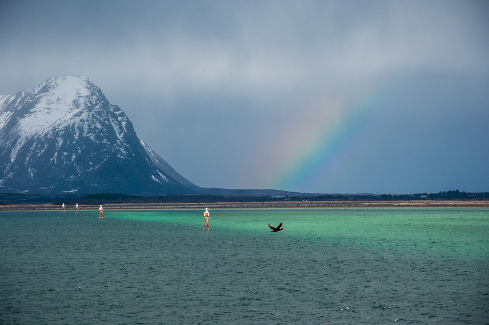 Regenbogen über dem Kanal bei RISØYHAMN