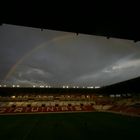 Regenbogen über dem Stadon Las Gaunas, Logrono, Rioja, Spanien