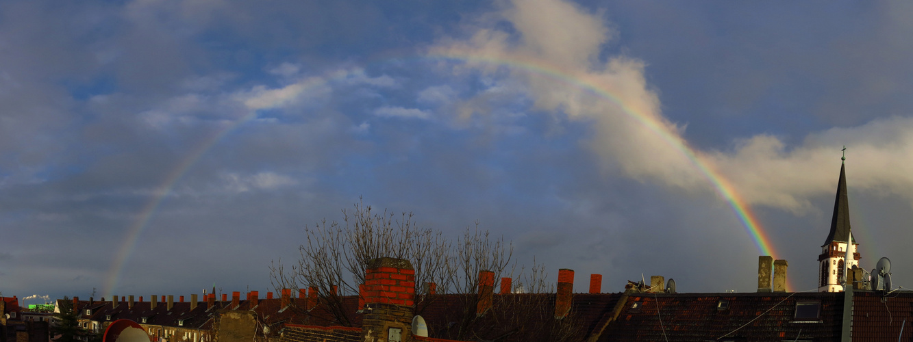 Regenbogen über Mannheims Dächern.