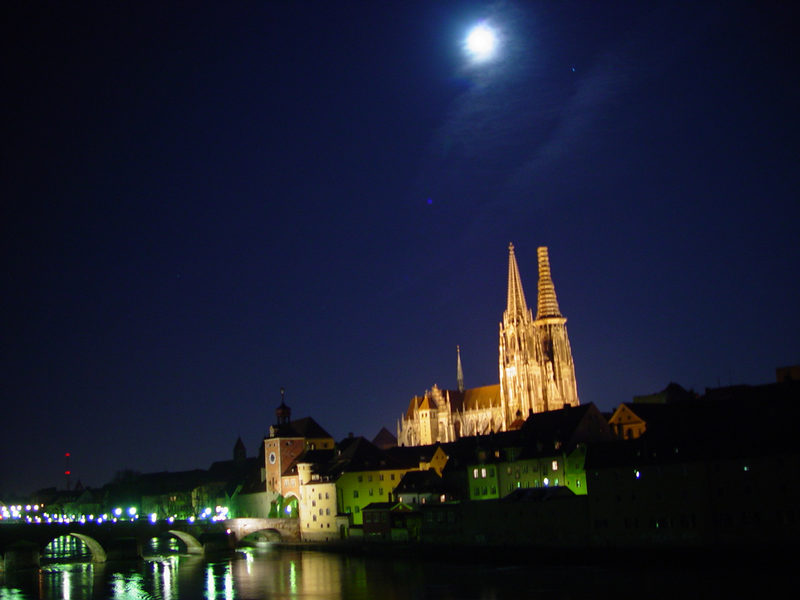 Regensburg at Night with Moonlight