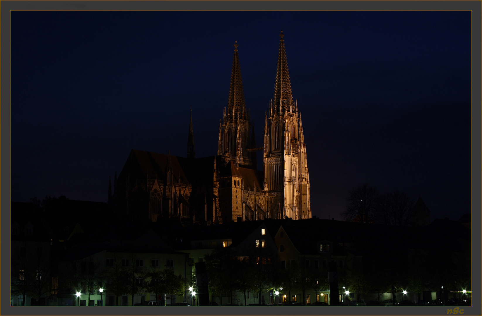 Regensburger Dom bei Nacht.