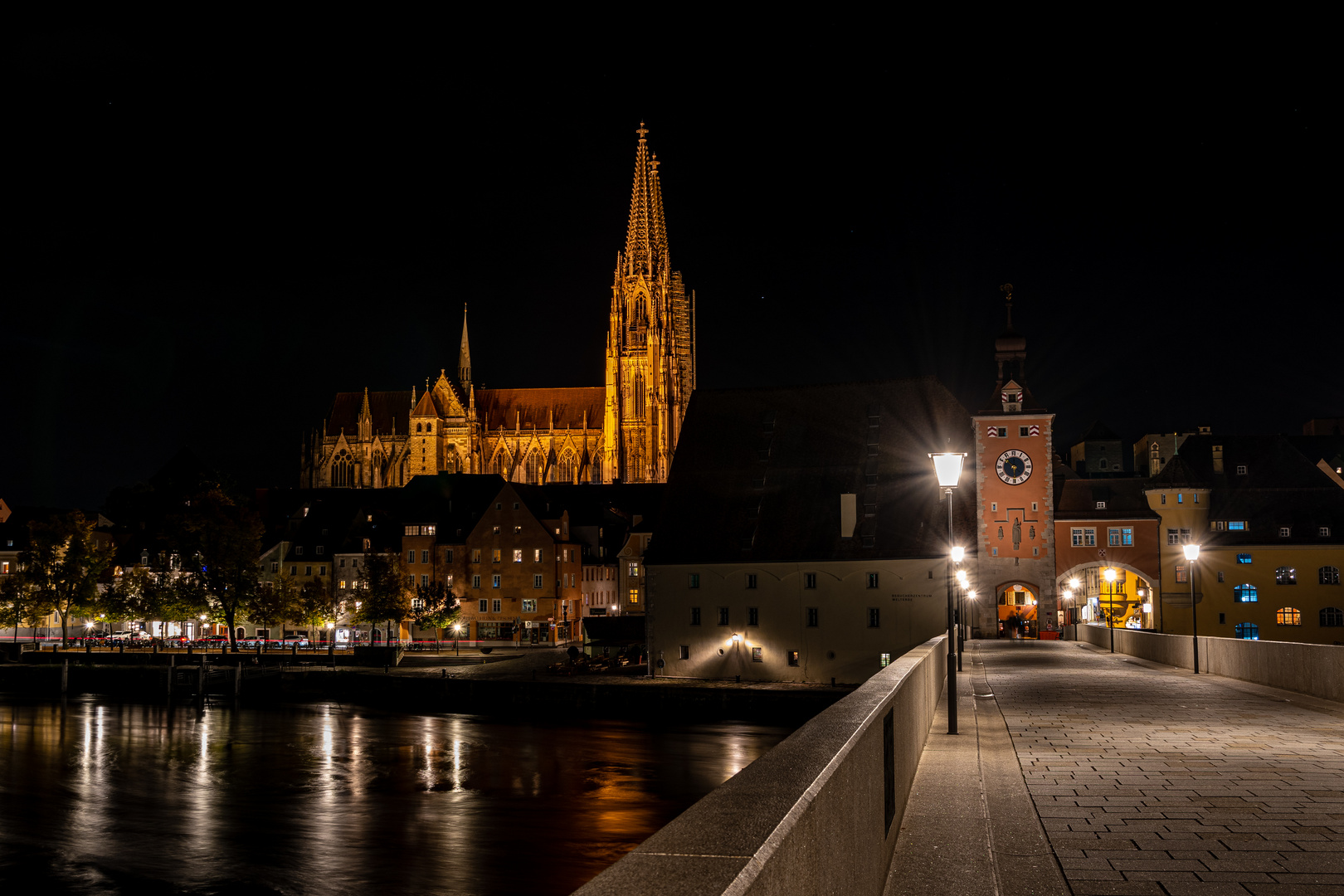 Regensburger Dom und steinerne Brücke bei Nacht