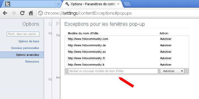 Réglage des exceptions concernant les PopUps pour fotocommunity (Google Chrome)