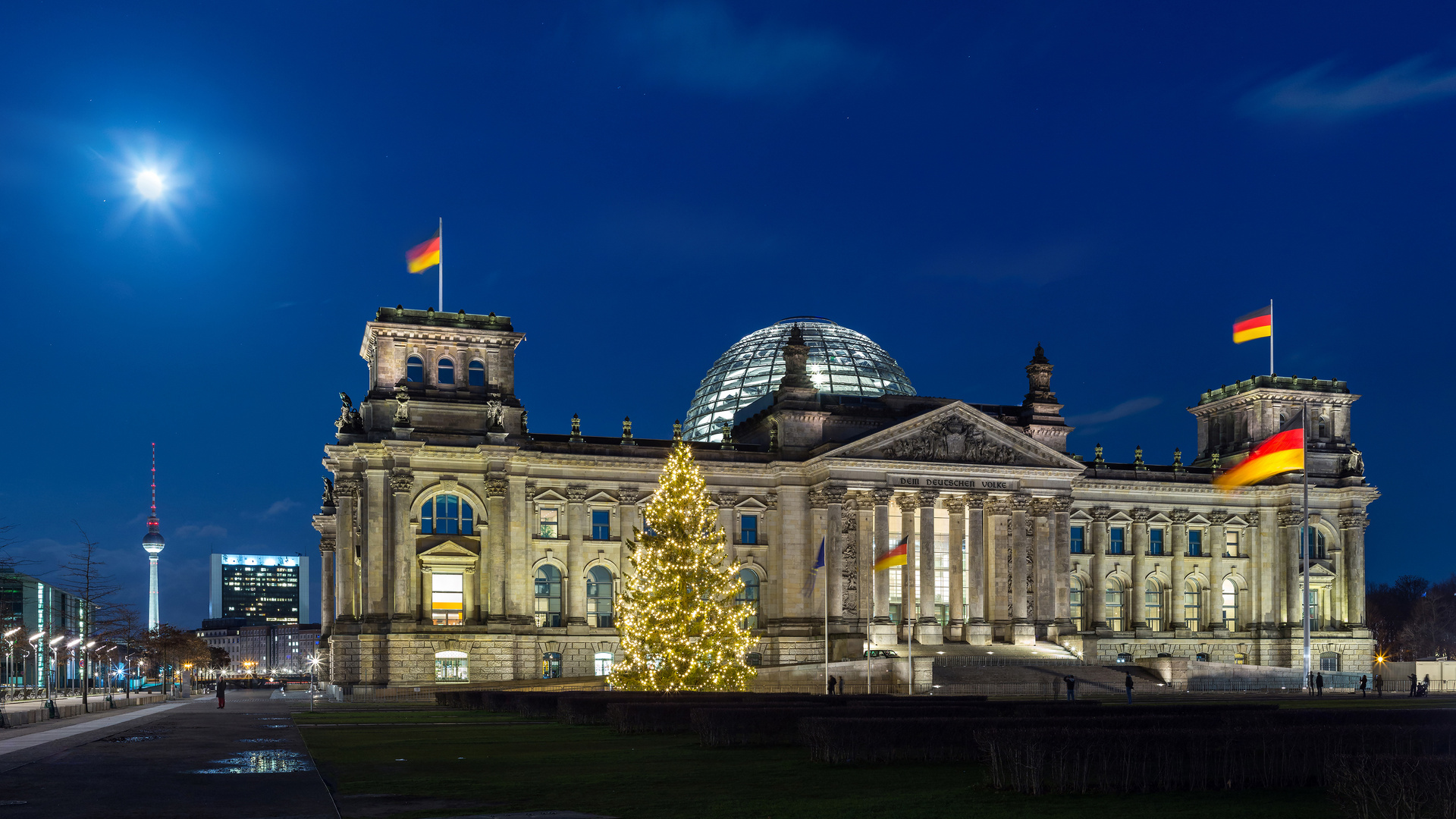 Reichstagsgebäude mit Weihnachtsbaum bei Nacht