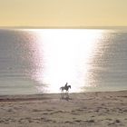 Reiter im Sonnenaufgang an der Ostsee