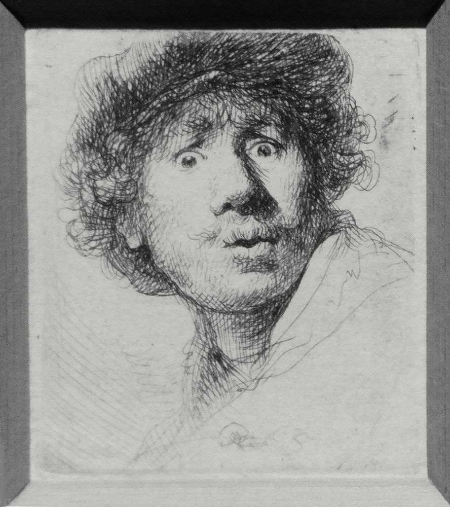 Rembrandt, Selbstbildnis mit Barett und weit geöffneten Augen