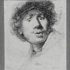 Rembrandt, Selbstbildnis mit Barett und weit geöffneten Augen