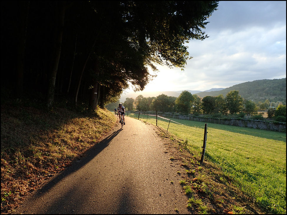 Rennradfahrer im Abendlicht.