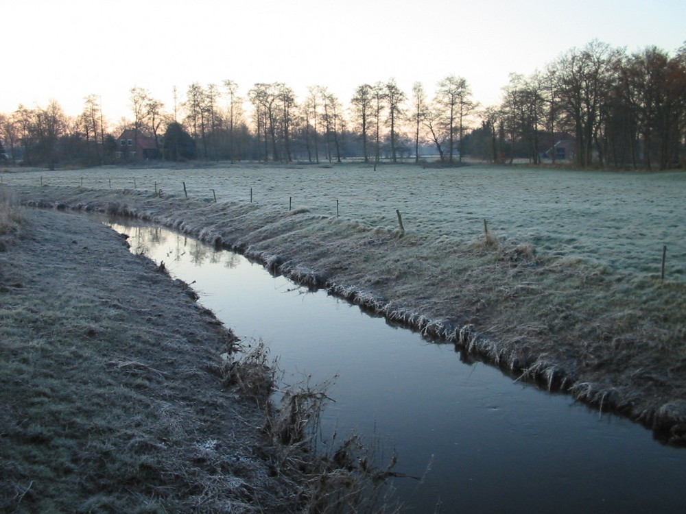 Rhauderfehn - spätwinterlicher Rauhreif auf den Wiesen umhüllt das Wasser