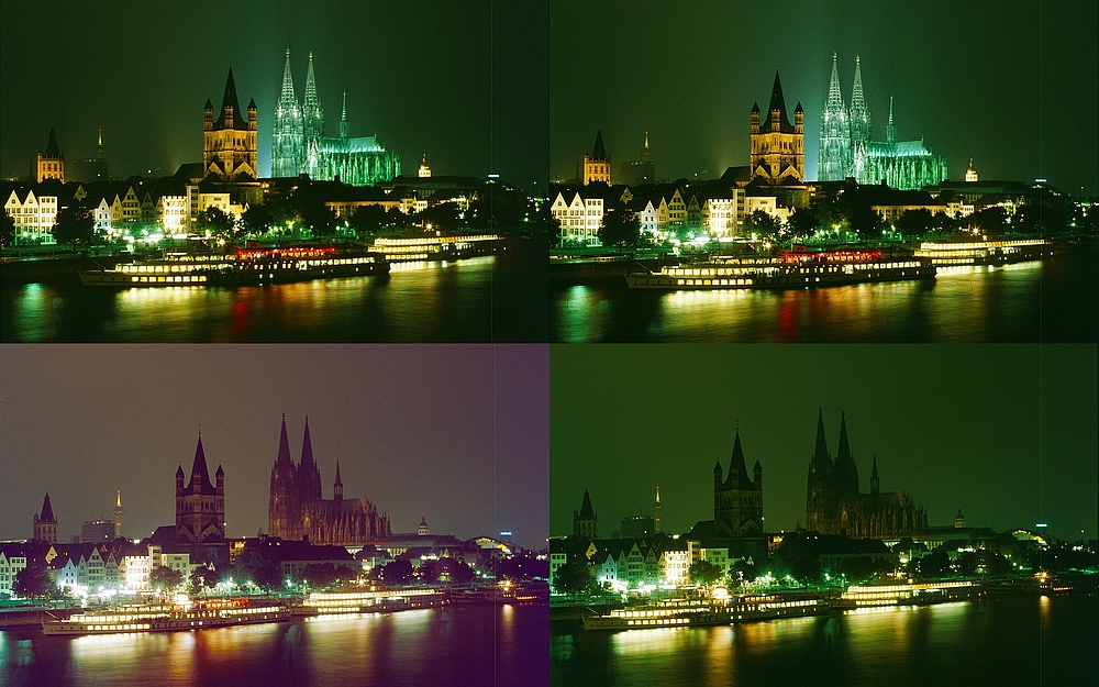 Rheinpanorama mit Kölner Dom + Kirche Gross St. Martin