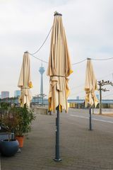 Rheinpromenade mit Rheinturm und Sonnenschirmen