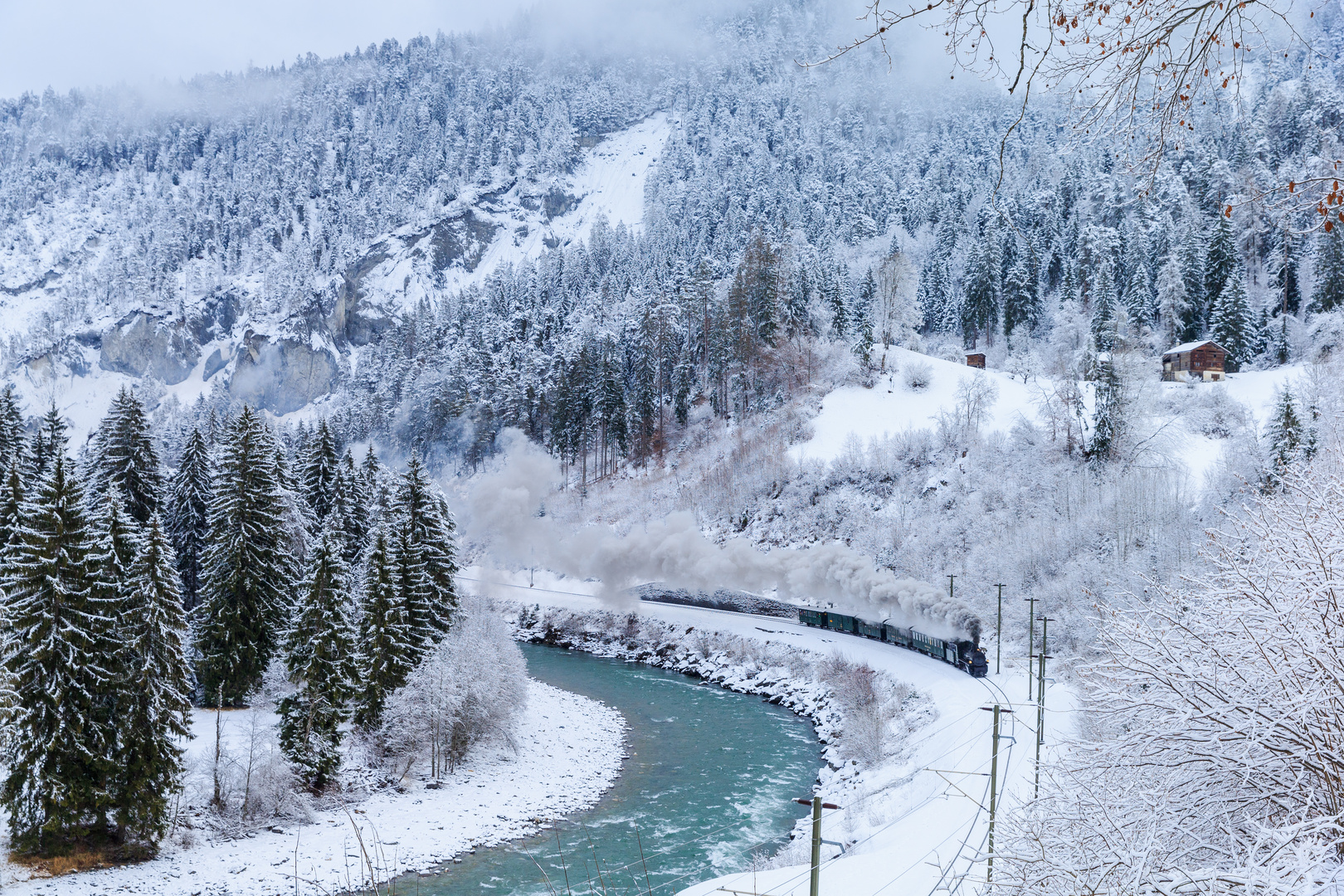 Rheinschlucht, Winter und Dampf