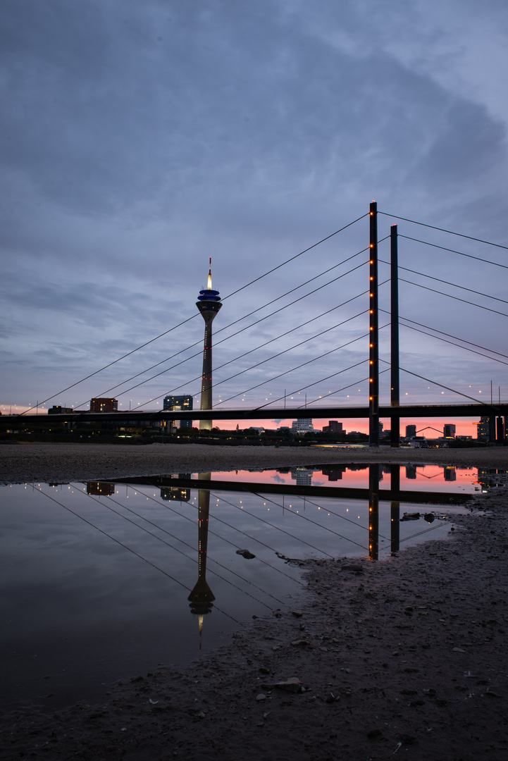 Rheinturm im Sonnenuntergang