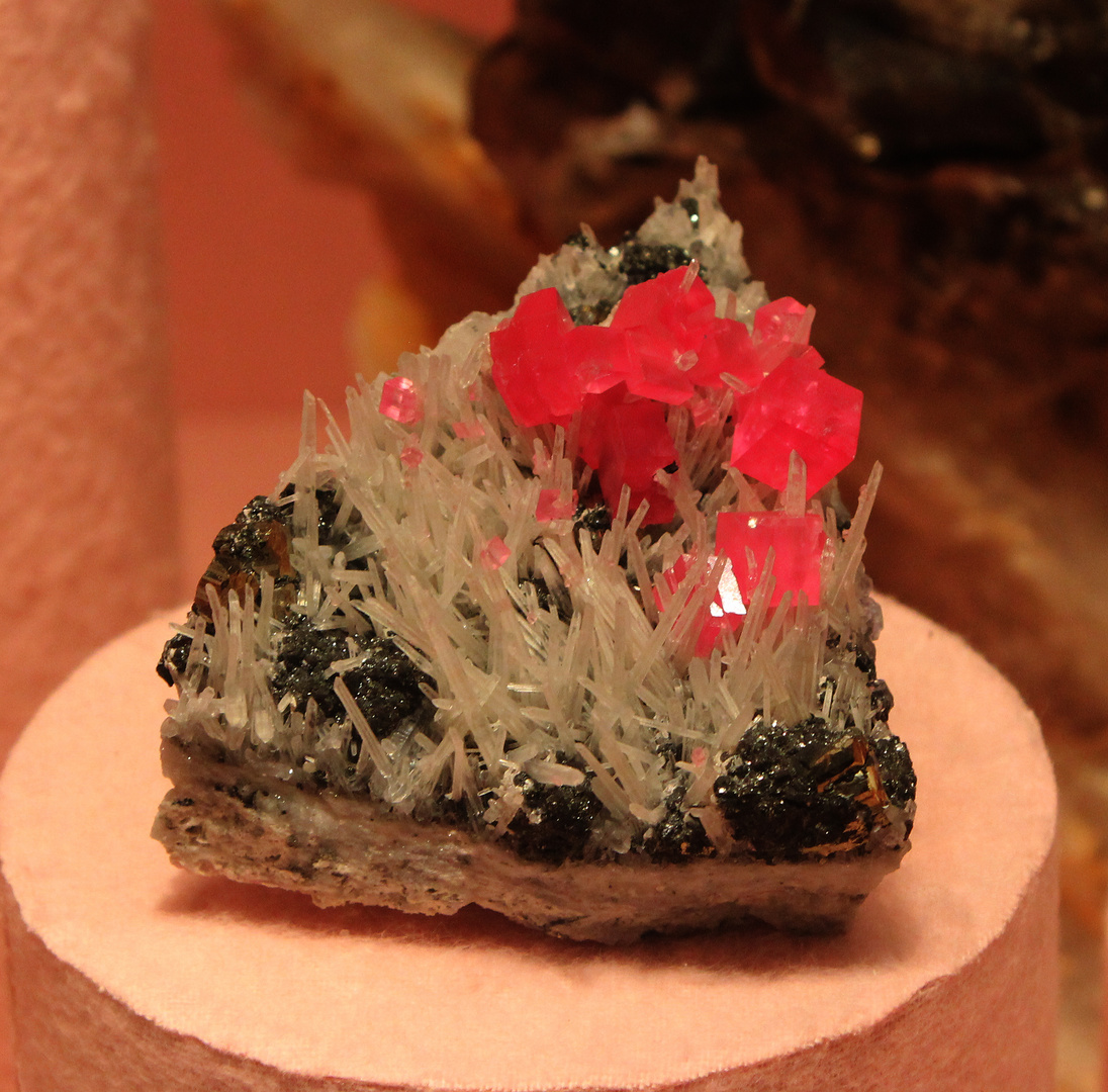 Rhodochrosite on quartz @ Mineralogische Museum Hamburg
