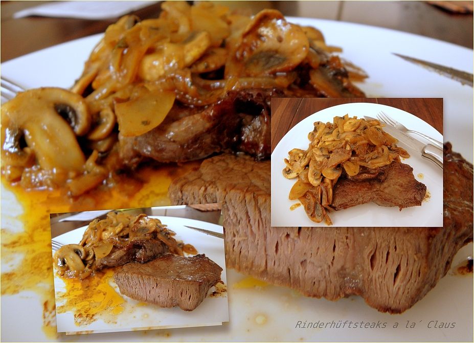 Rinderhüftsteaks mit Zwiebel und weißen Champignons