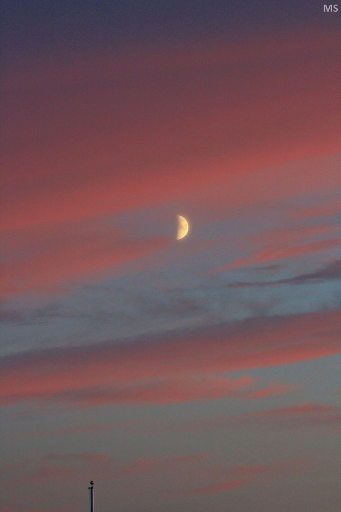 rosa wolken, blauer himmel, weiß/gelber mond.