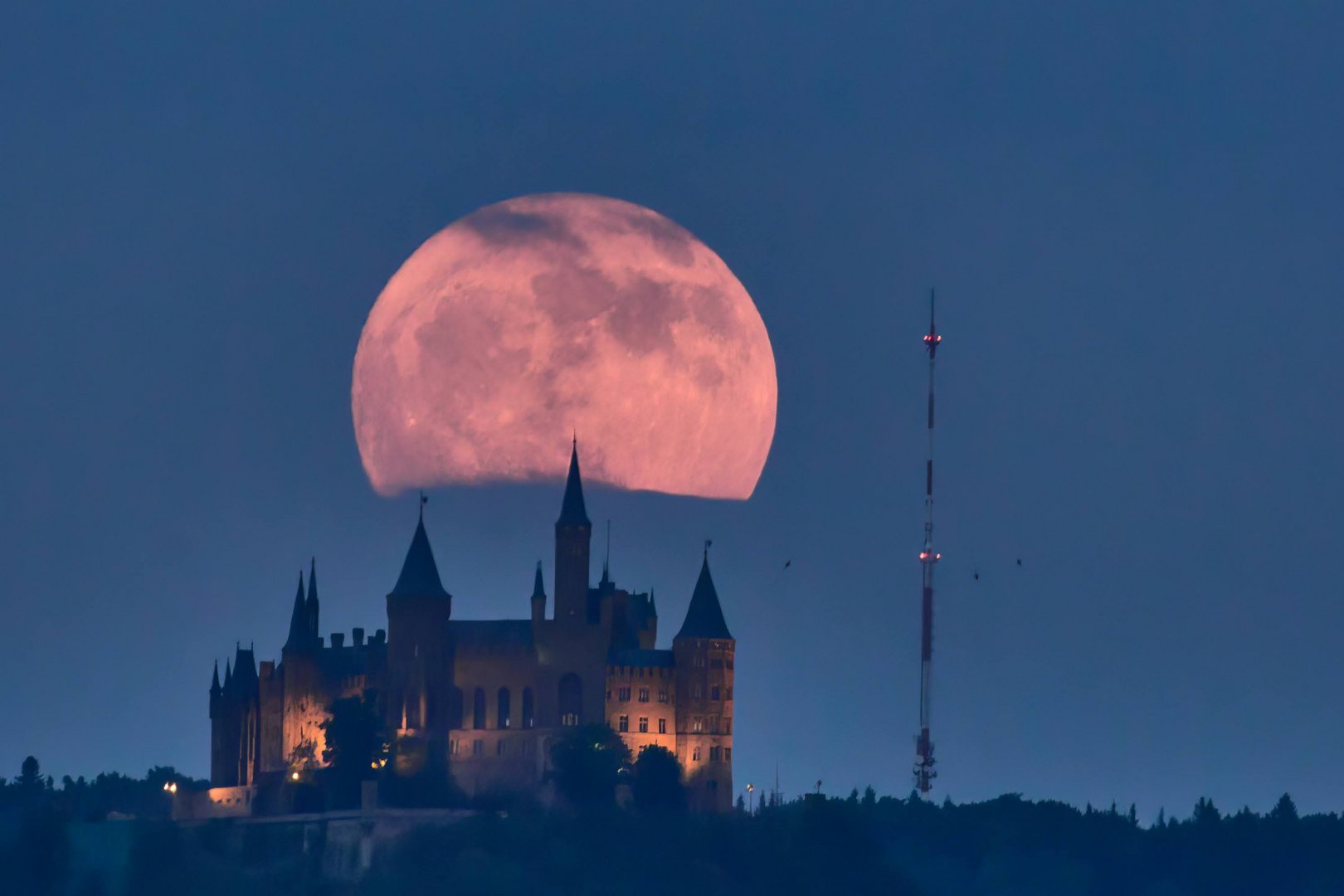 Rosen,- oder auch Erdbeermond über der Burg Hohenzollern