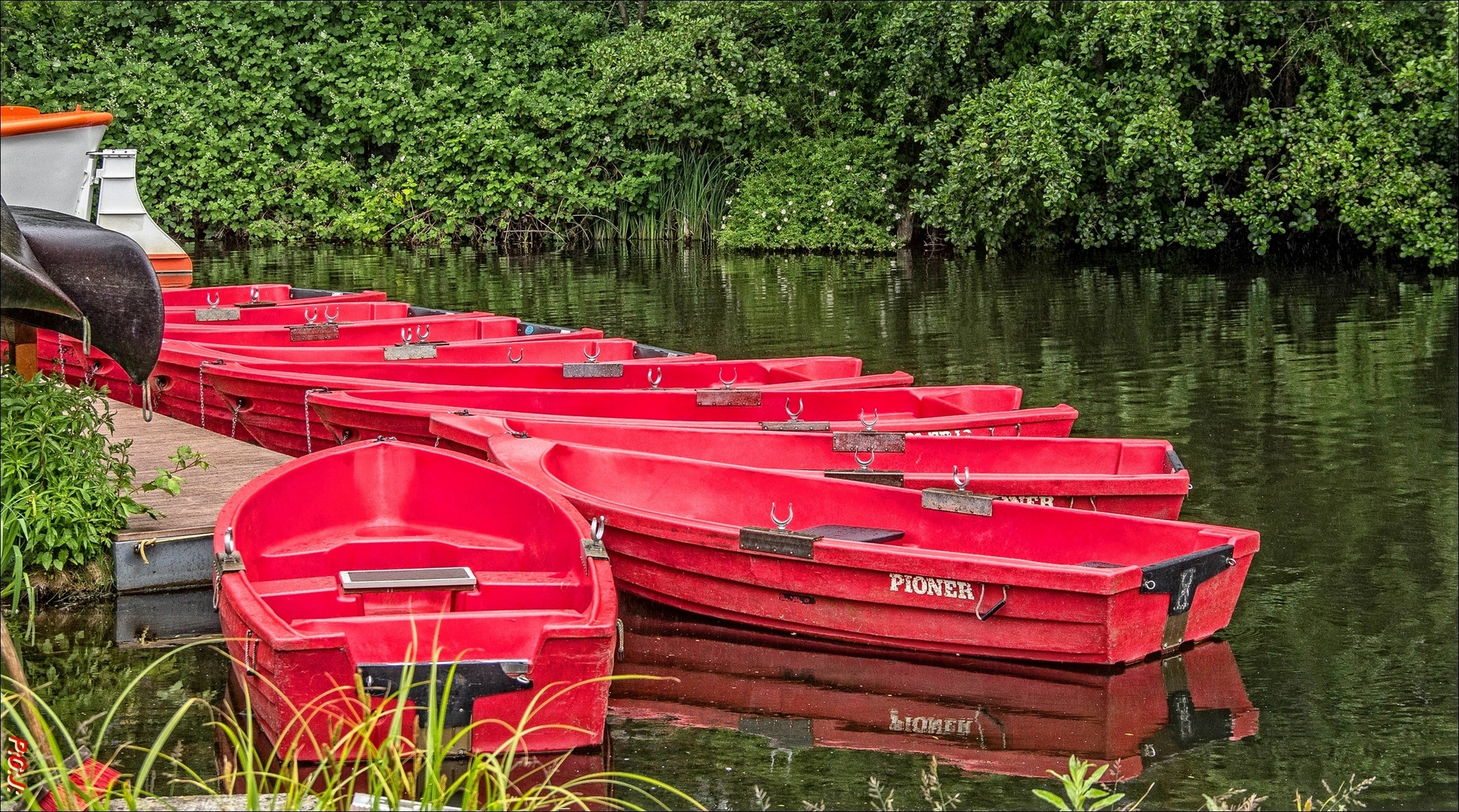 Rote Boote am Ufer